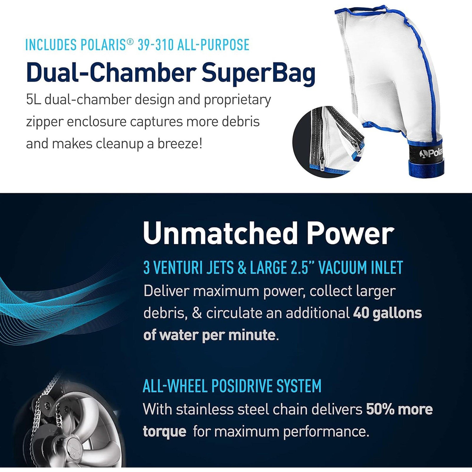 Polaris P39 Pressure Side Pool Cleaner – All Wheel Drive – TailSweep PRO – Dual