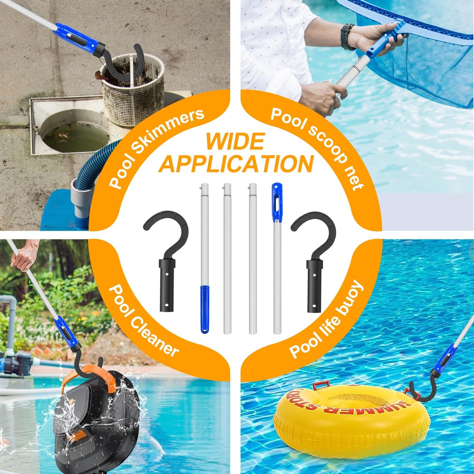 Adjustable Pool Cleaning Pole with 2 Hooks – 5.2ft for Robotic Cleaners, Skimmer