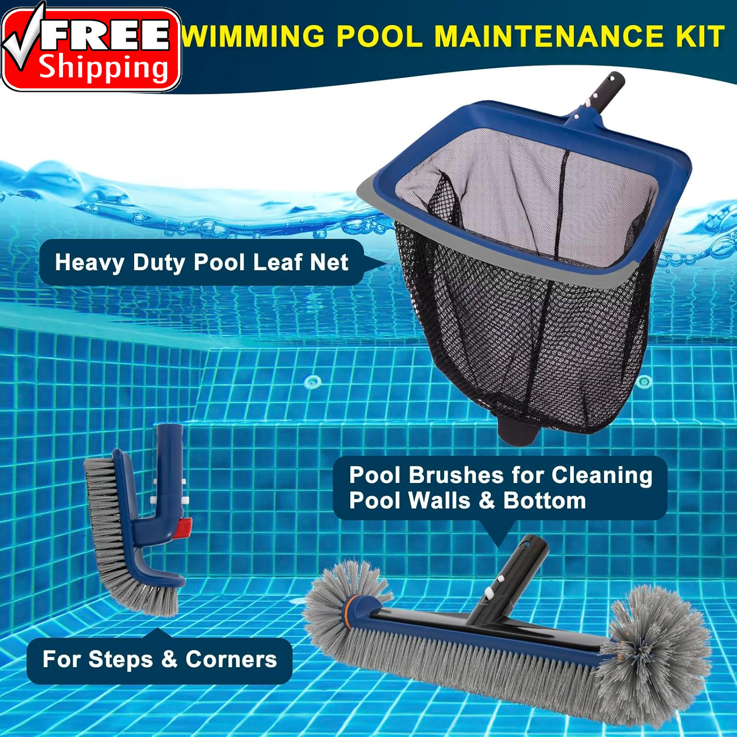 Deluxe Swimming Pool Cleaning Kit Including Pool Skimmer Net with Rubber Edge, 1