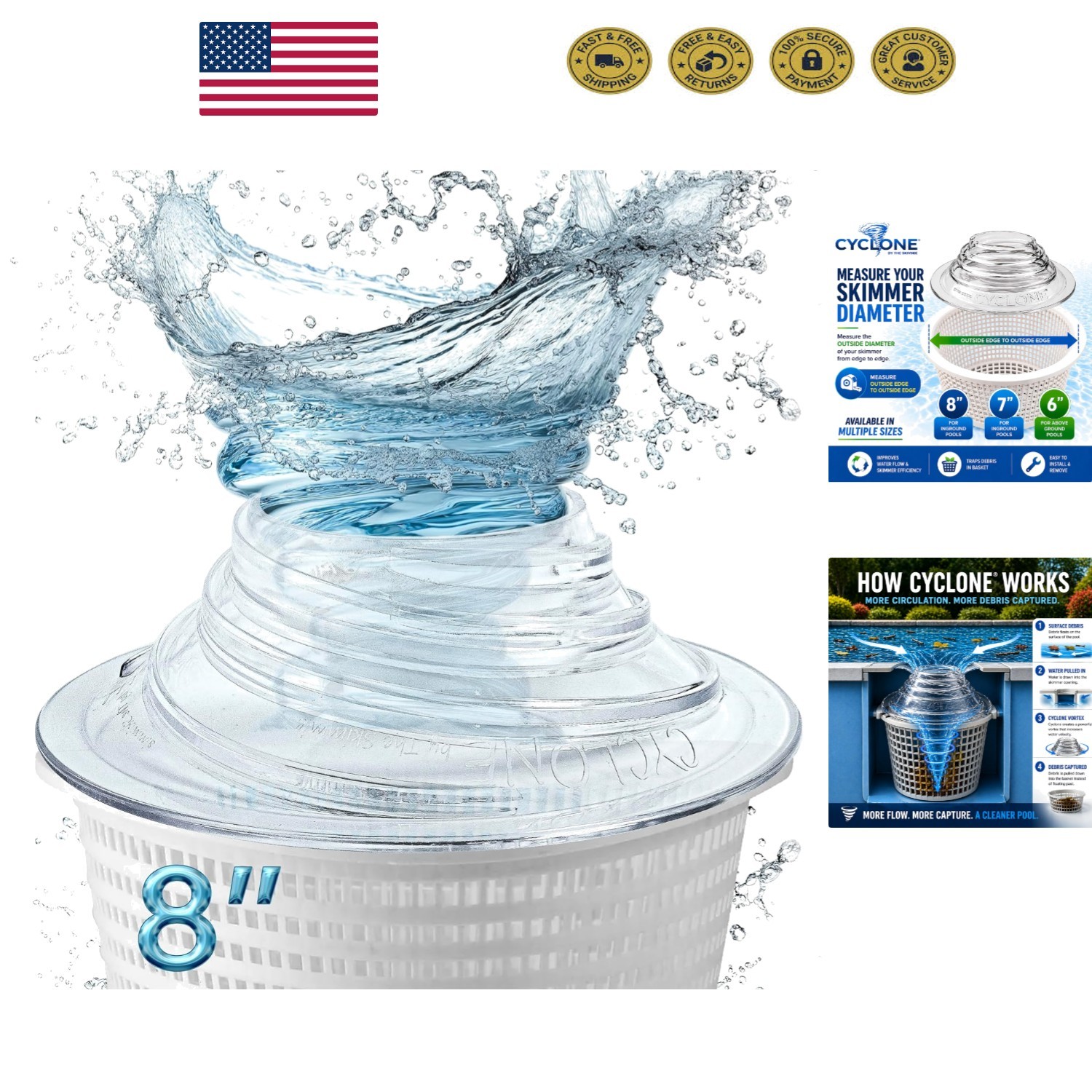 Cyclone Pool Helper: 8&Prime; Skimmer Basket Water Flow Booster for Easy Cleaning