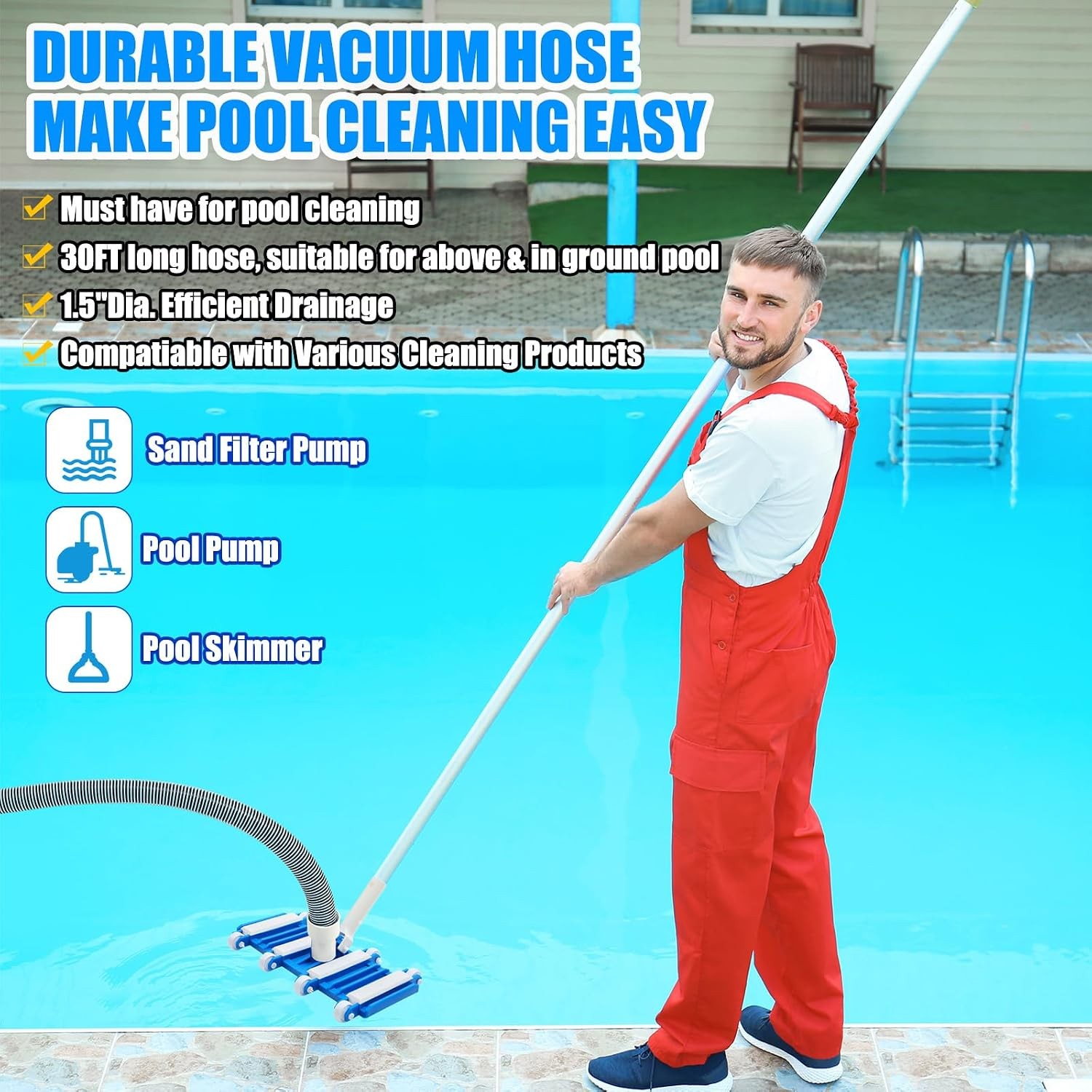Pool Vacuum Head Kit 1-1/2&Prime; x 30ft Hoses Wheel Style Swimming Pool Vacuum Kit
