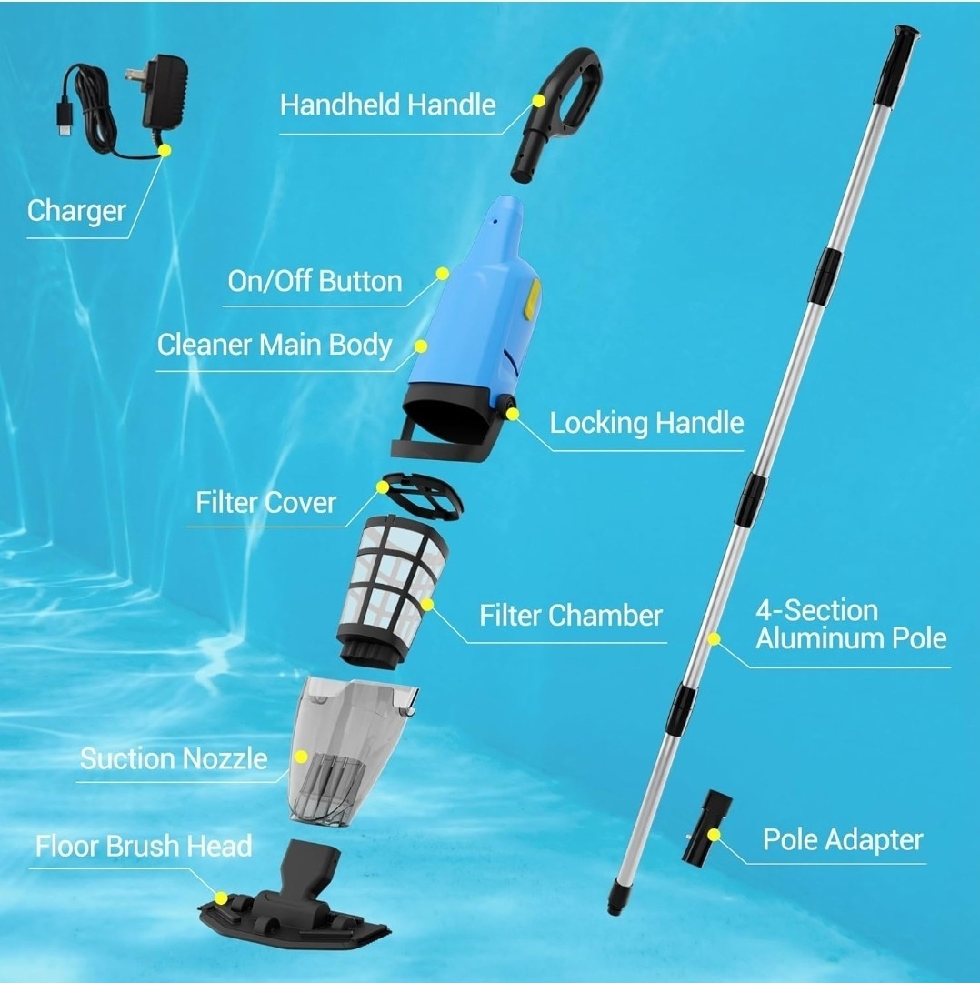 Rechargeable Handheld Telescopic Pool Vacuum 30W 18 GPM 1.1L 60 Min