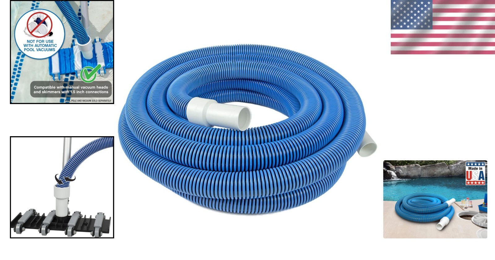 30 Ft Heavy-Duty Manual Pool Vacuum Hose, 1-1/2” Kink-Free Design, Made in USA