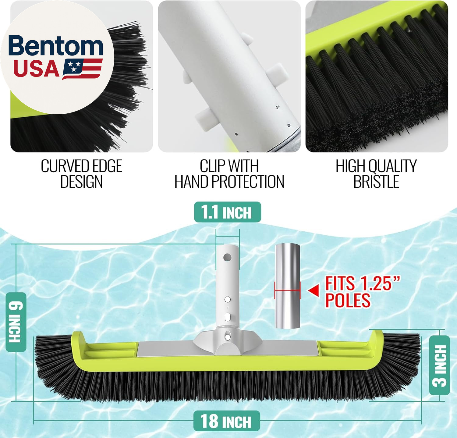 18&Prime; Pool Brush Head for Cleaning Swimming Pool Walls, Curved Ends High-Efficienc