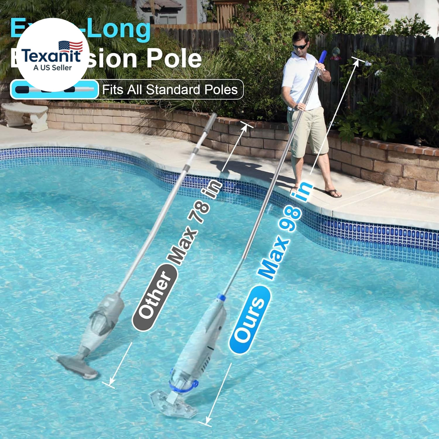 Upgraded Cordless Pool Vacuum with Telescopic Pole, 60 Min Powerful Suction & La