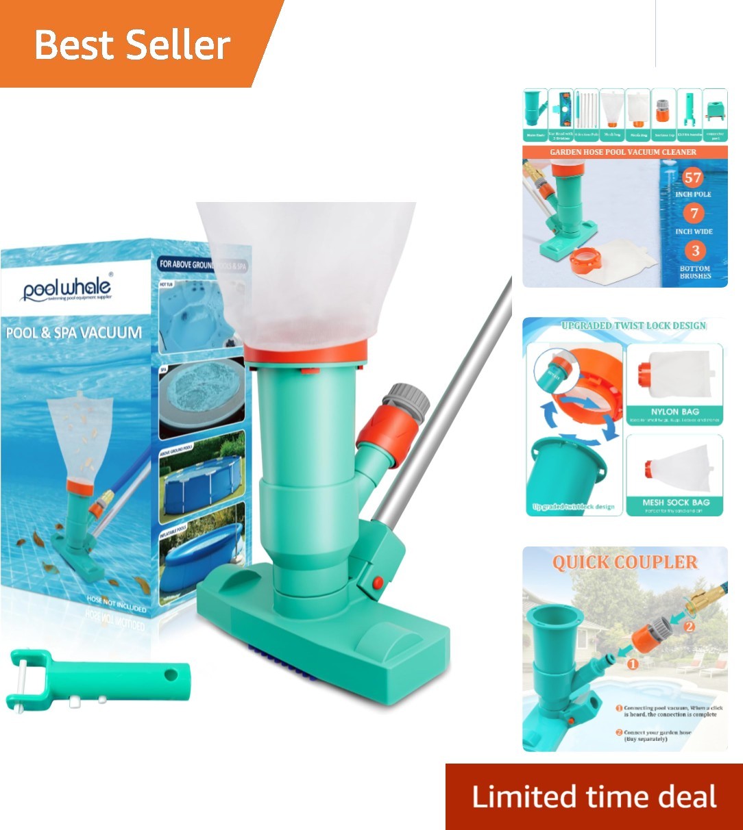 Jet Pool Vacuum Cleaner with Telescopic Pole for Above Ground Pools