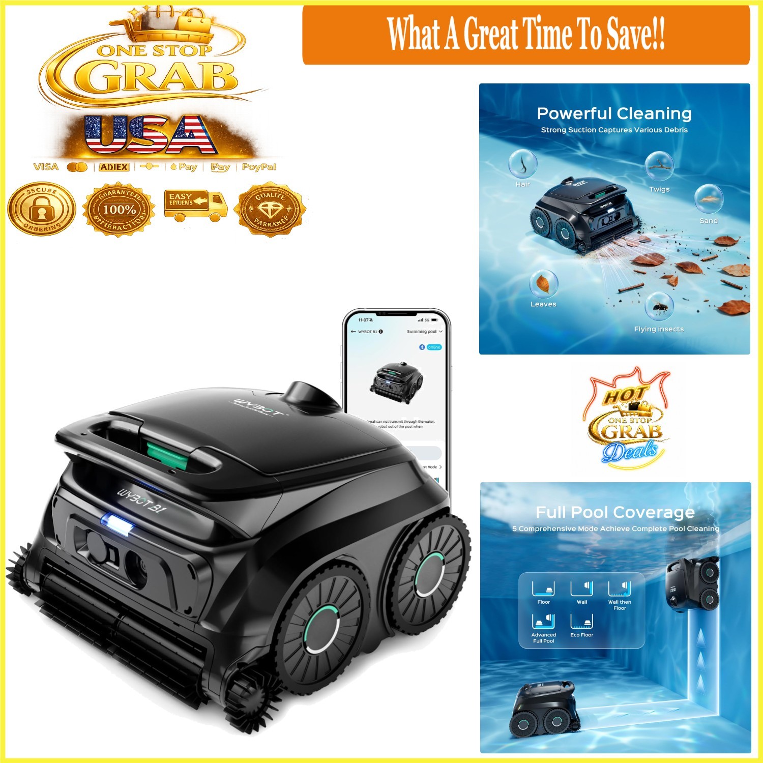 Battery-Powered Robotic Pool Cleaner with App Control Black Green