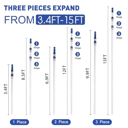 15 FT Telescopic Pool Pole – Adjustable 3 Piece Aluminum Pool Skimmer 15 Foot