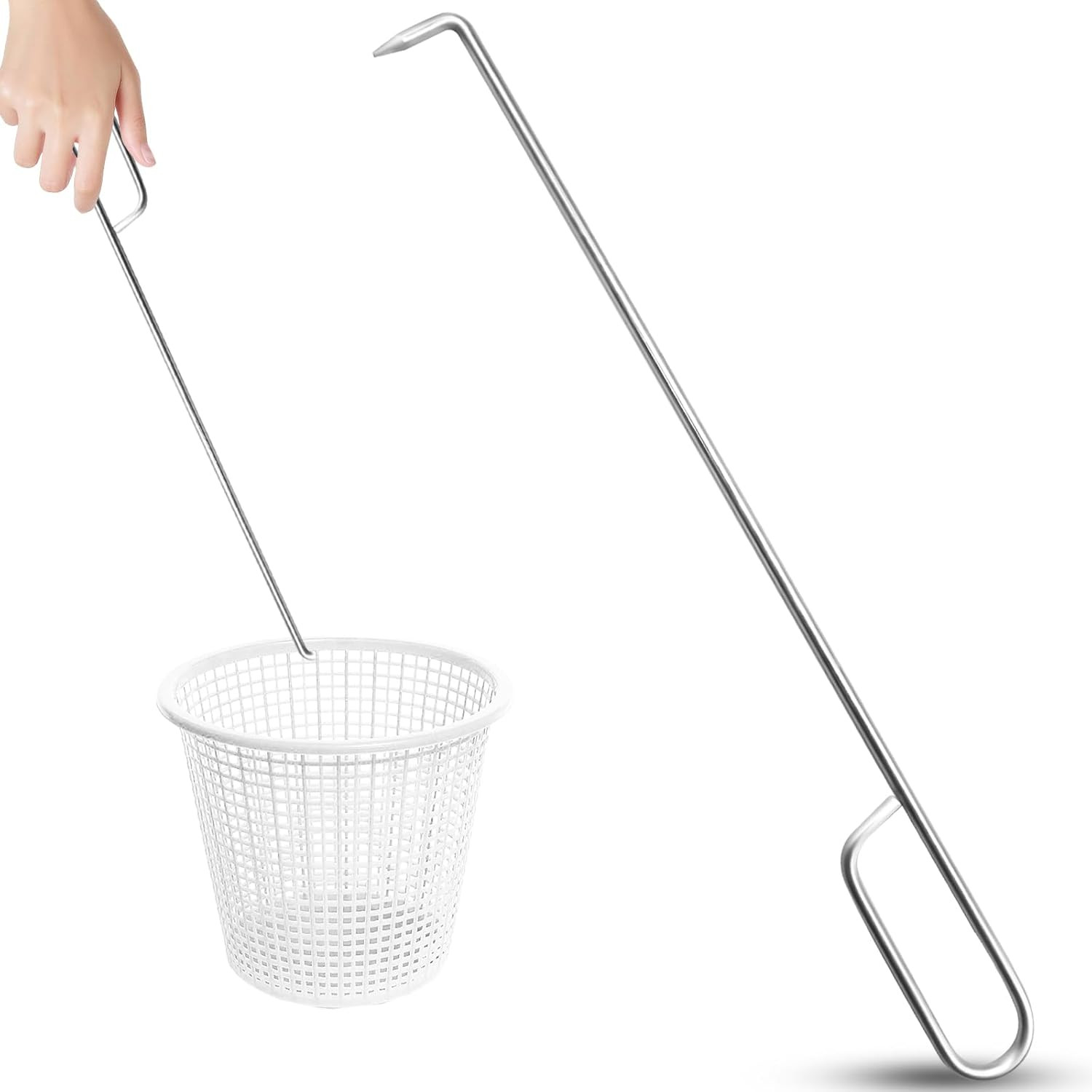 Pool Skimmer Basket Hook Tool Stainless Steel Handle for Safe Pool Cleaning D…