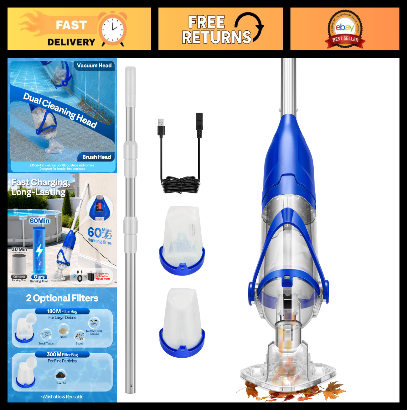 Cordless Handheld Pool Vacuum Cleaner – 13.2 GPM Suction, 60min Battery, Adjusta