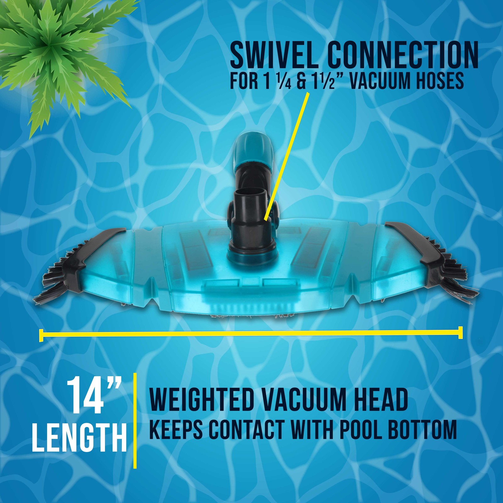 14&Prime; Rectangular Weighted Super Flexible Swimming Pool Vacuum Head, Side Brushes