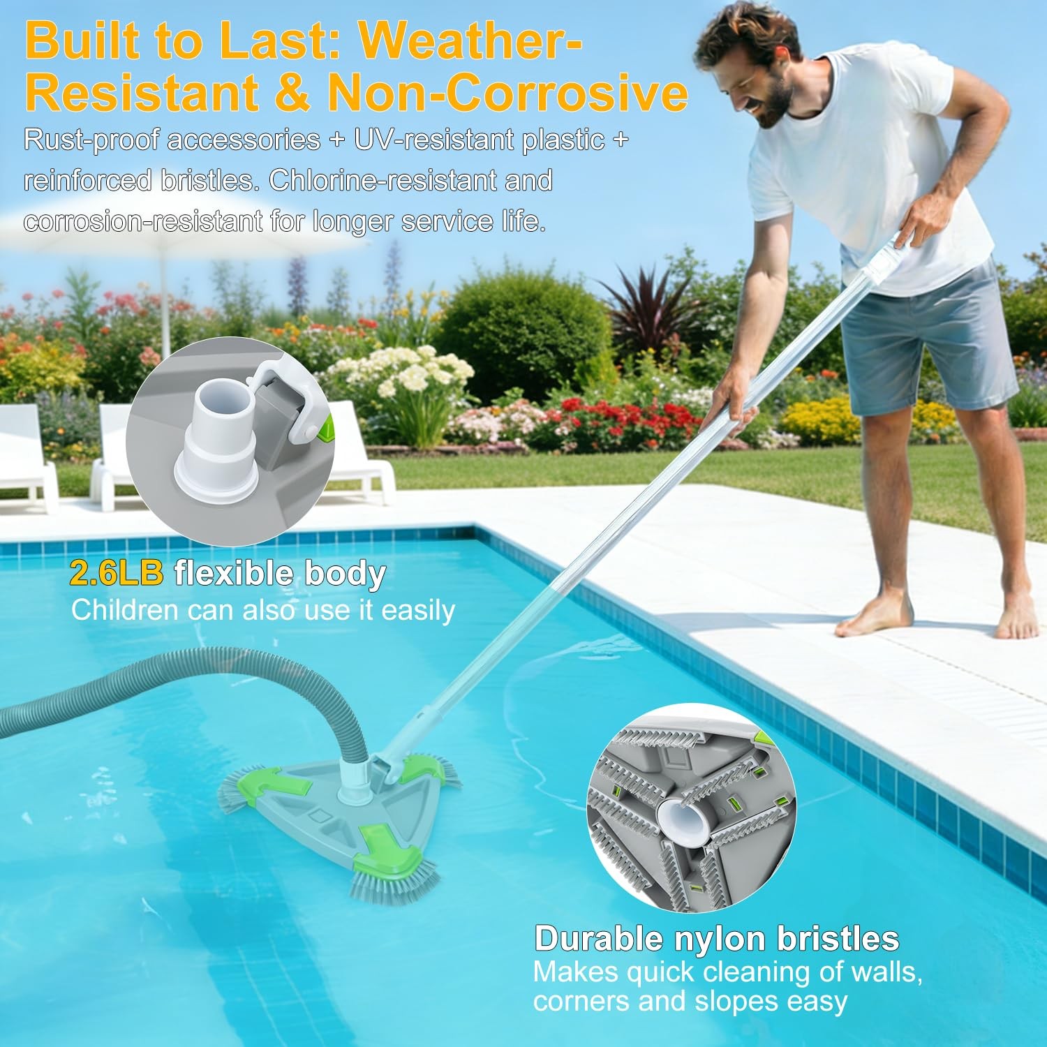Weighted Triangular Pool Vacuum Head with Side Brushes, 13.5&Prime; Manual Pool Cle…