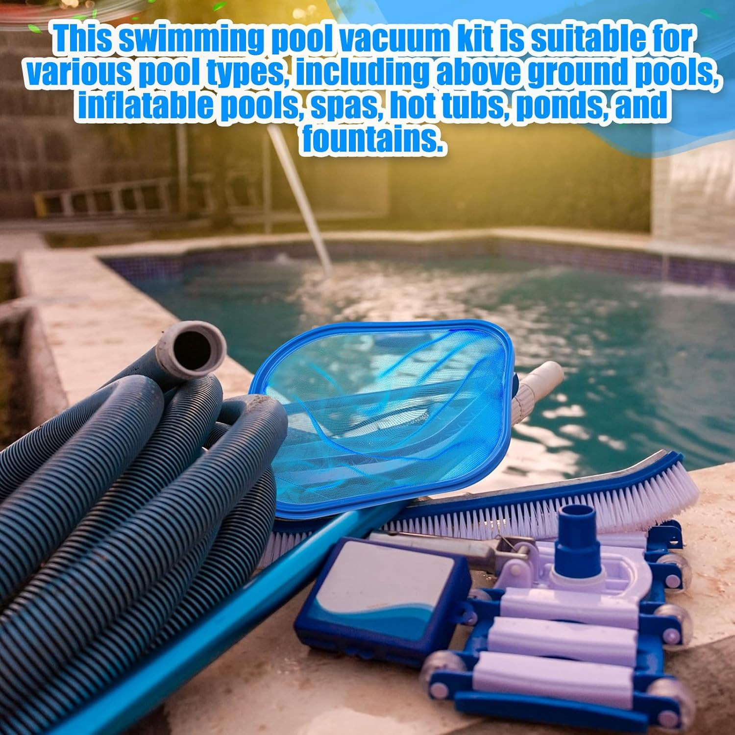 3 Pcs Pool Vacuum Kit Manual Vacuum Head with 1-1/2&Prime; X 18Ft Long Hoses and Skimm