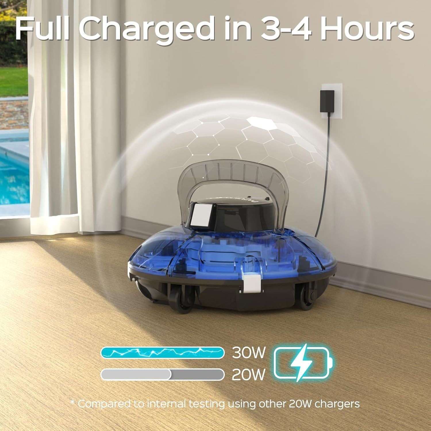 Cordless Robotic Pool Vacuum, Self-Parking Technology, Portable, Clear Blue