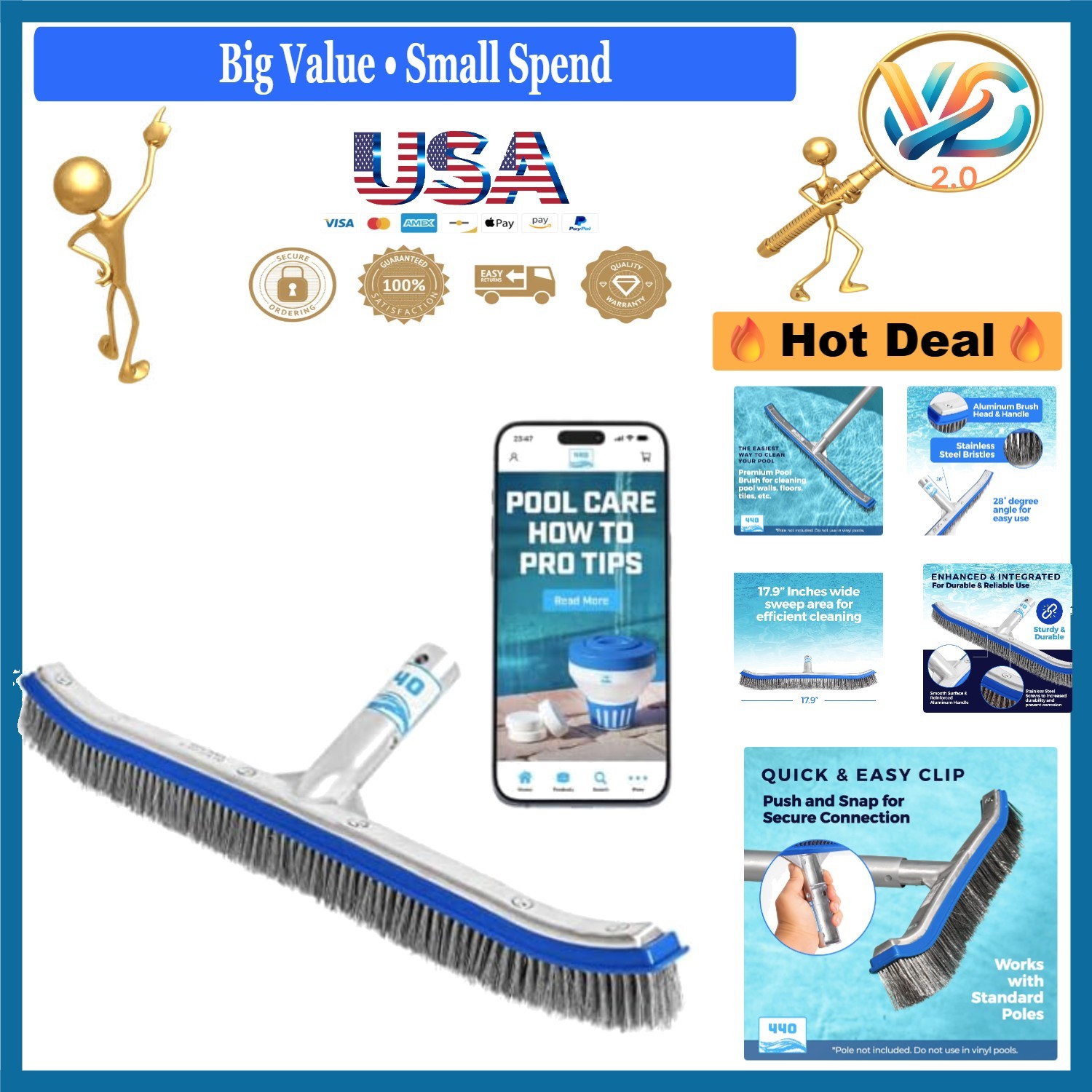 Heavy Duty 18-Inch Stainless Steel Pool Brush for Walls, Floor, Tiles, Steps