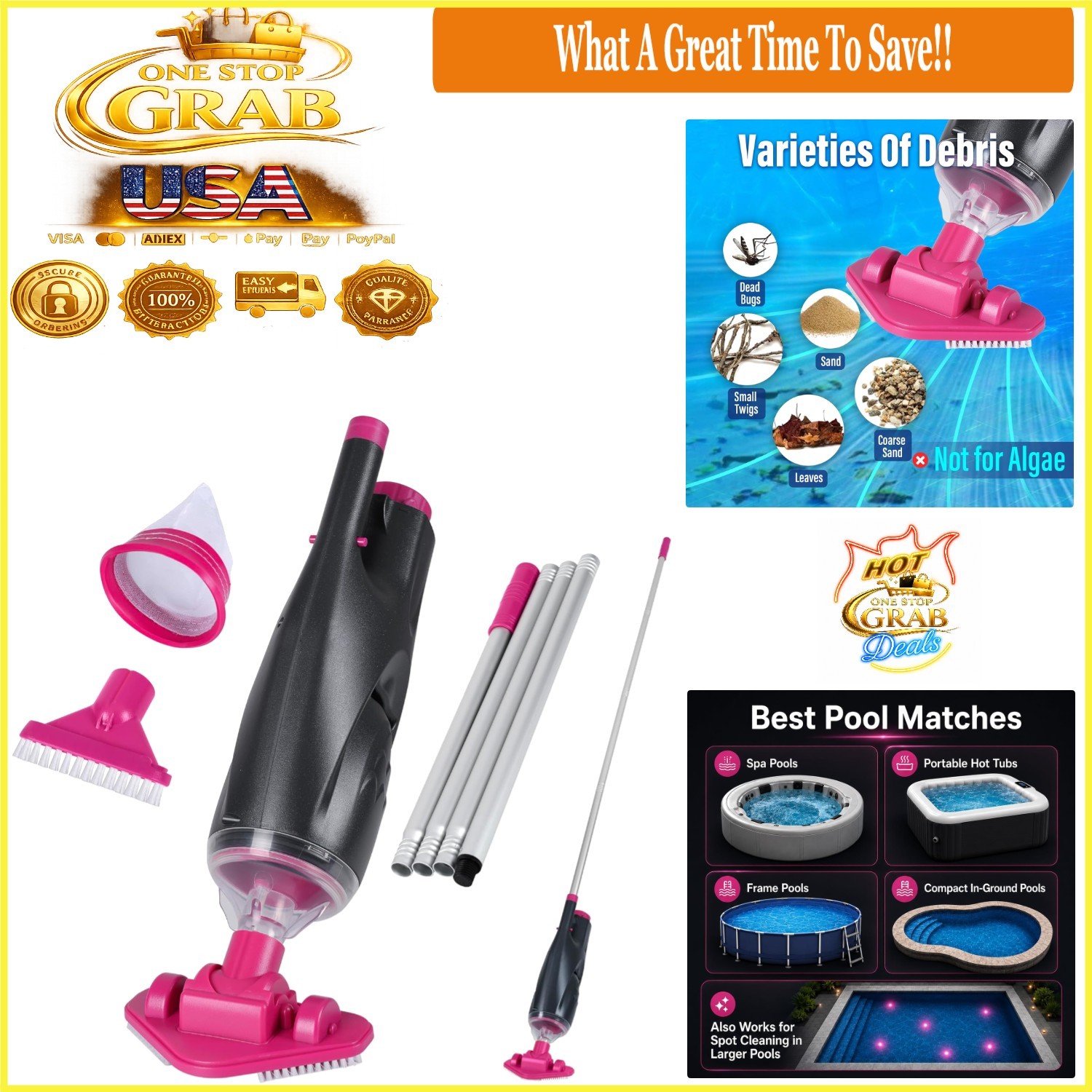 Cordless Pool Vacuum for Hot Tubs Small Pools Rechargeable 90Min Gray