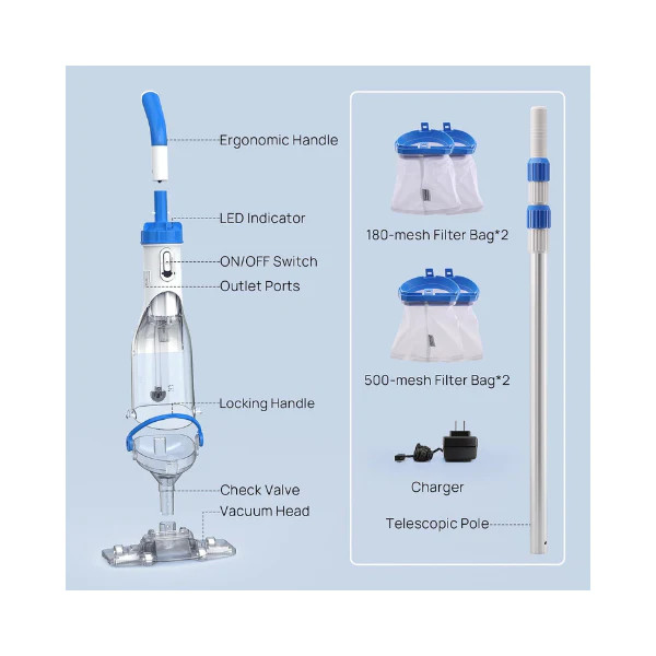 Consciot Cordless Pool Vacuum Cleaner Telescopic Pole 1100 GPH 60 Min Runtime