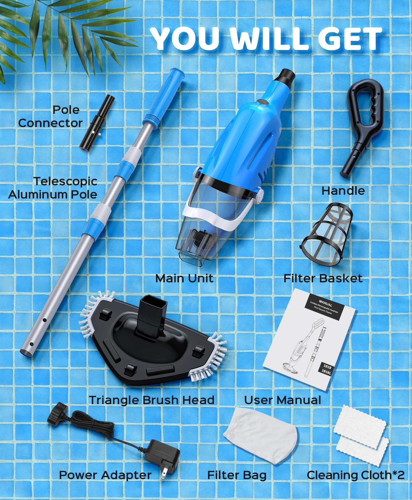 Pool Vacuum for Above Ground Pool with 78.7&Prime; Telescopic Pole, 80Min Runtime