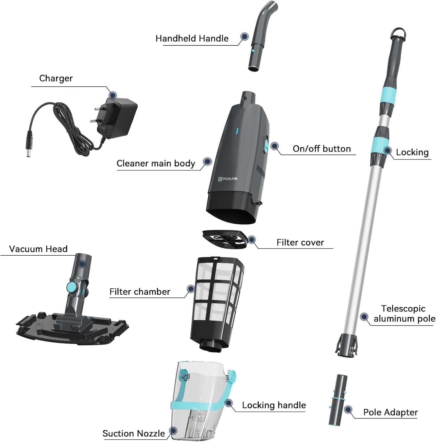Black Cordless Handheld Pool Vacuum Rechargeable 16 GPM Strong Suction
