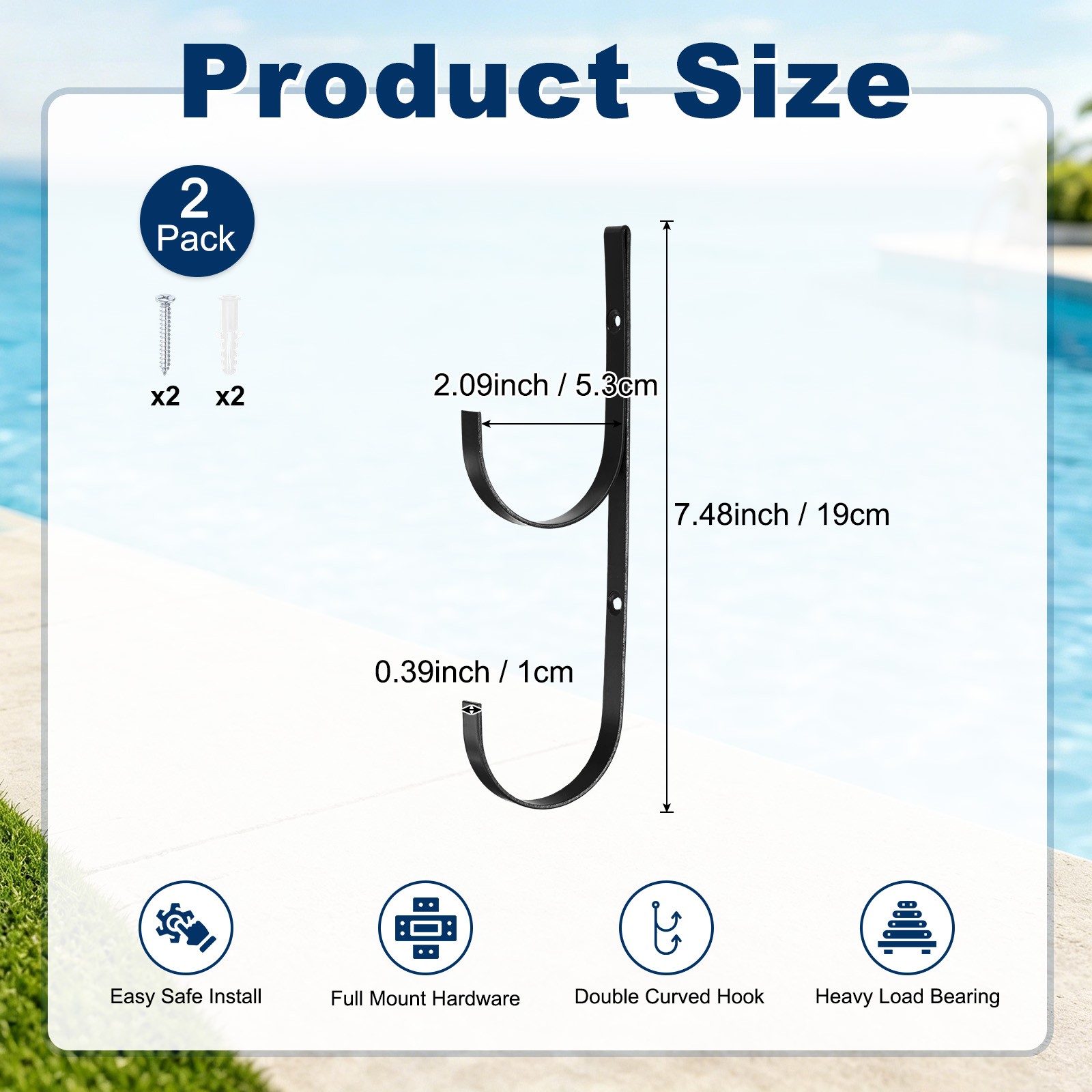 2-Pack Pool Pole Hanger, Iron Pool Hooks with Screws for Garden Tools [Black]