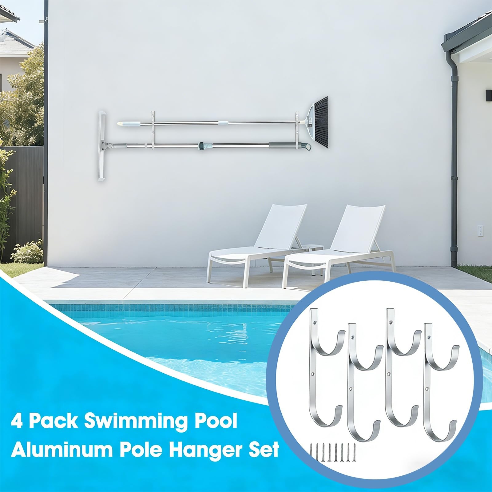 Aluminum Pool Pole Hangers 4 Silver Hooks for Rakes, Skimmers, & Tools