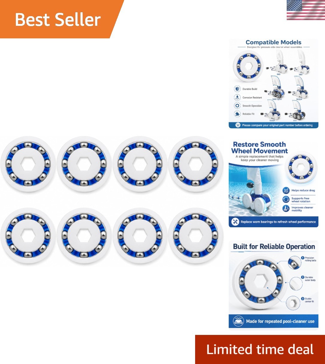 Stainless Steel Wheel Bearings for Polaris Pool Cleaners – 8 Count