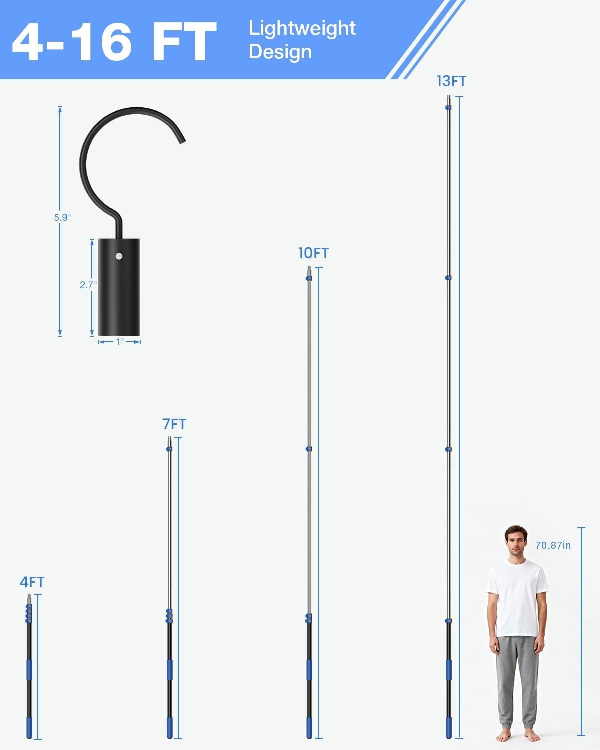 16 Ft Telescopic Pool Pole with Robotic Pool Cleaner Hook, Extendable Aluminu…