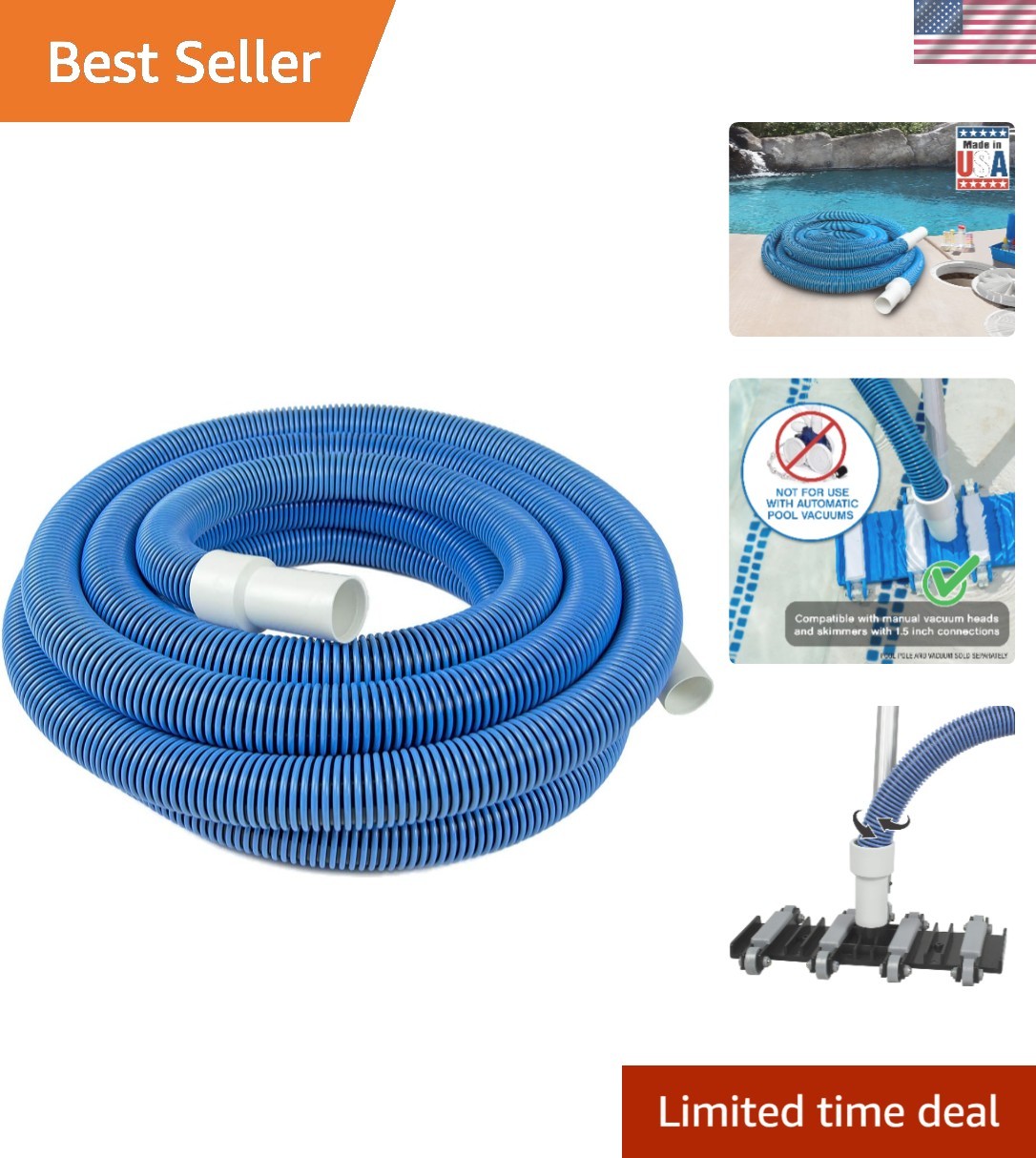 30 Ft Heavy-Duty Manual Pool Vacuum Hose, 1-1/2” Kink-Free Design, Made in USA