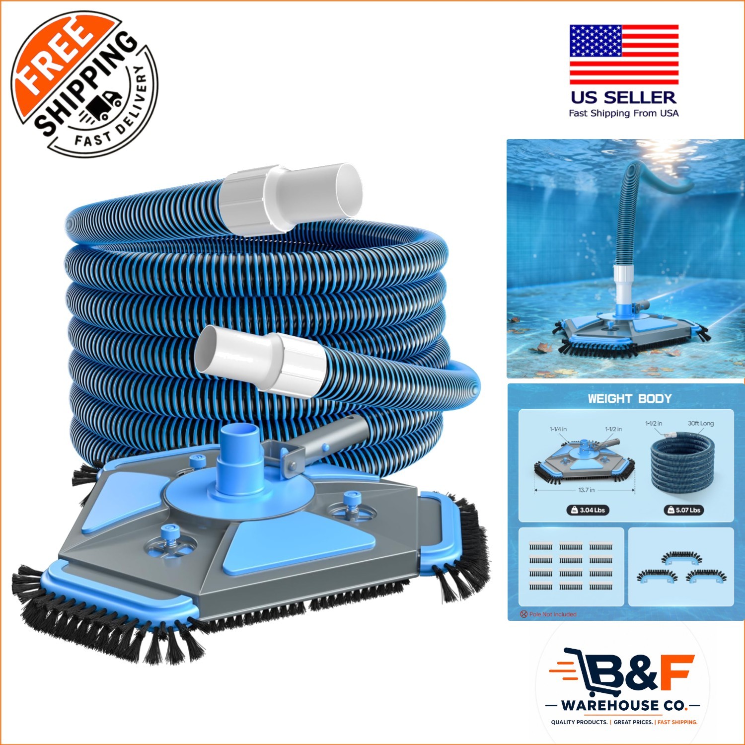 Complete Pool Cleaning Kit: 30ft Heavy Duty Hose & 360° Vacuum Head with Brushes