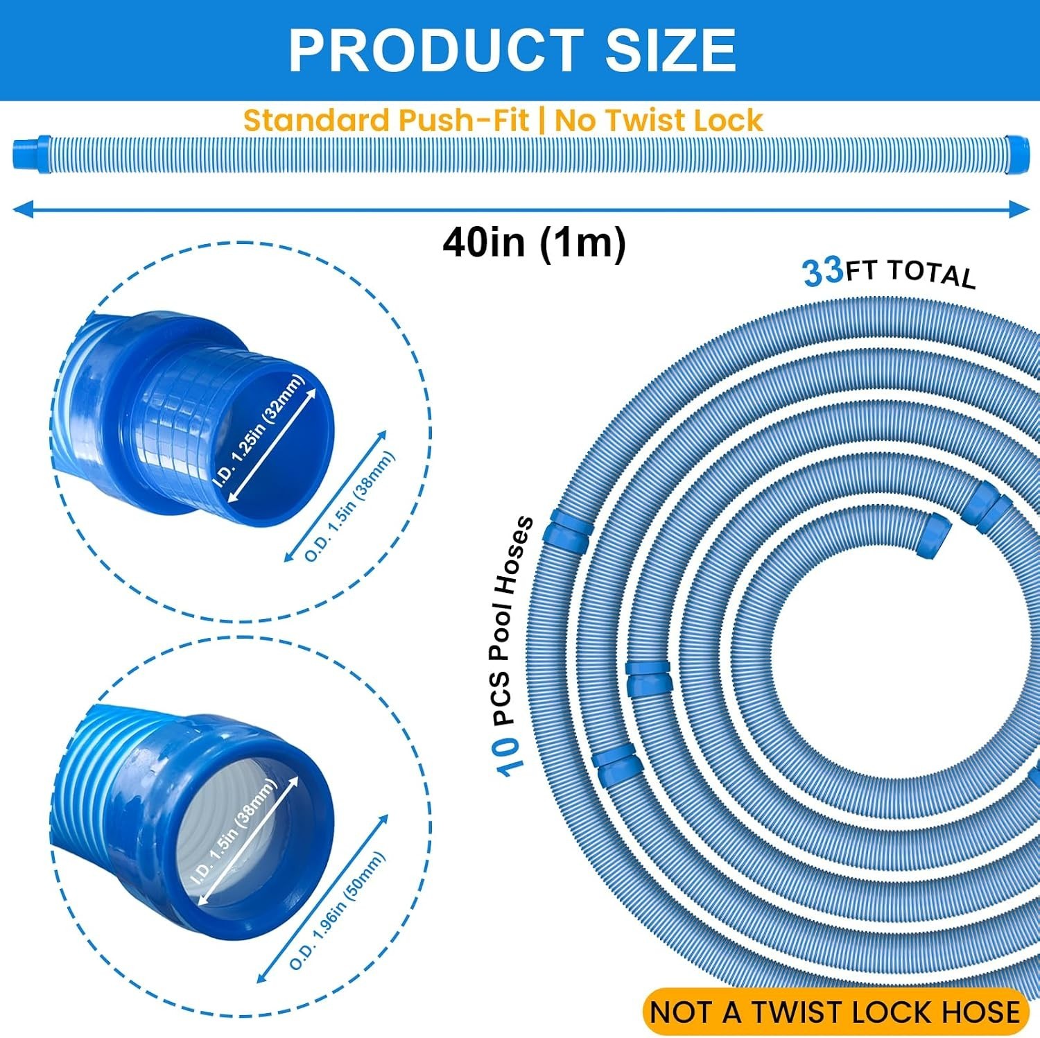 Pool Vacuum Hose 26 Feet (8 X 40 Inch), 1.5 Inch Cuffs, Compatible with Most Ing