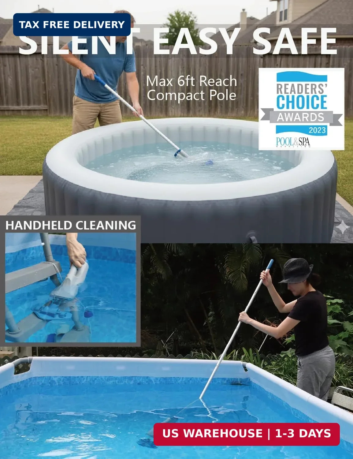KOKIDO Cordless Handheld Pool Vacuum for Above Ground Pool, with 6ft Pole and 2