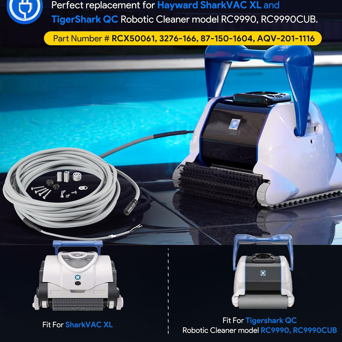 55ft Floating Power Cord RCX50061 Assembly for Hayward SharkVAC XL/TigerShark/QC