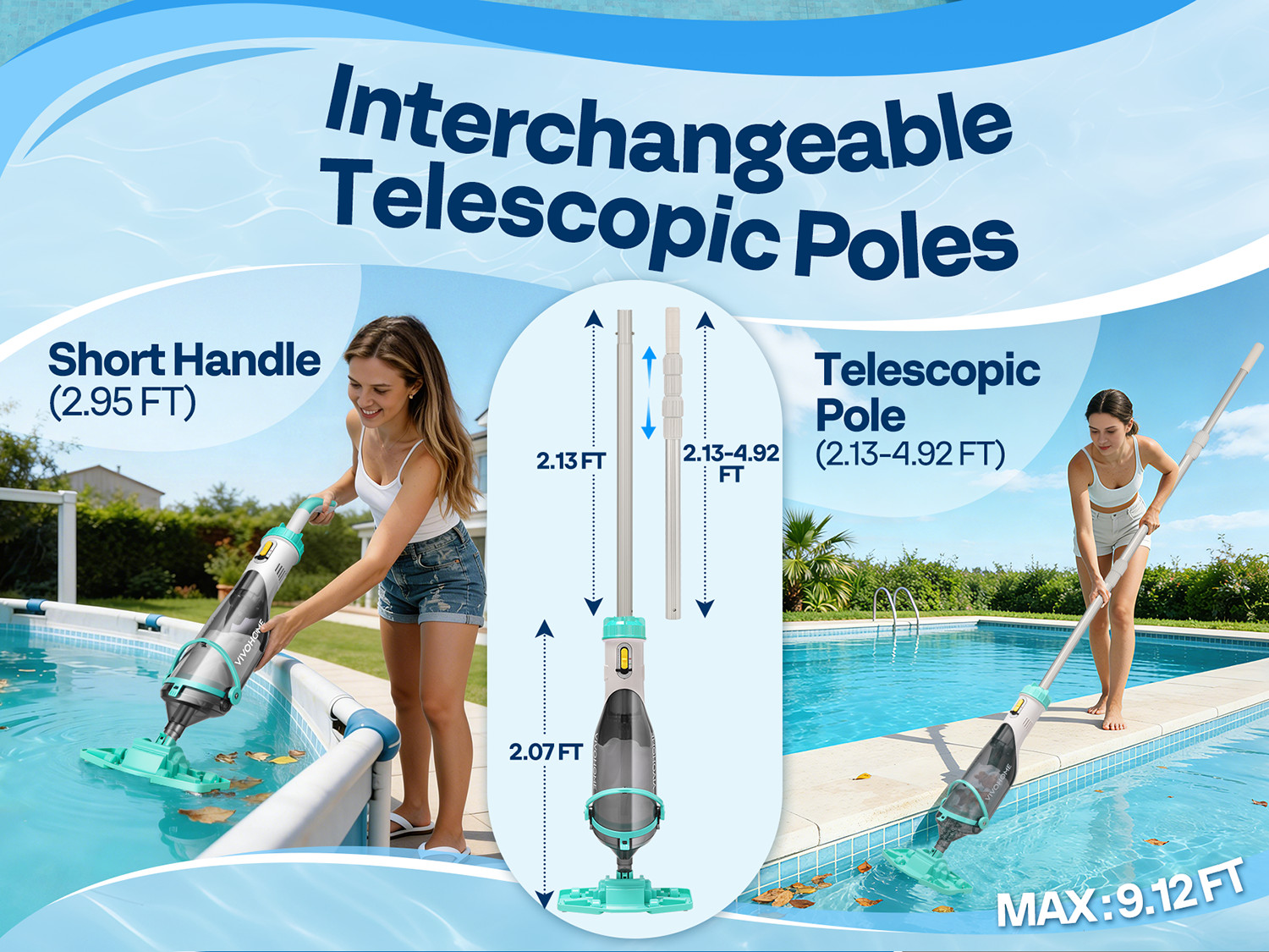 Cordless Pool Vacuum with Telescopic & Extension Poles 9.12ft, 18.5 GPM Suction