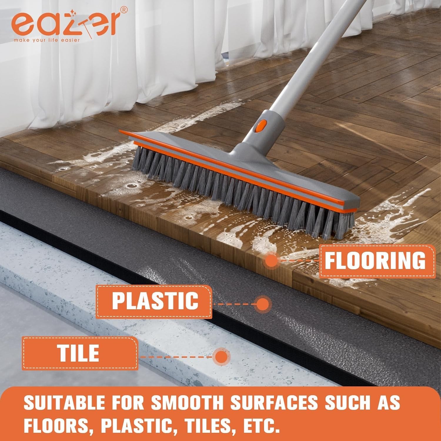 2in1 Floor Scrub Brush with Long Handle, Soft/Hard Bristles for Indoor/Outdoor