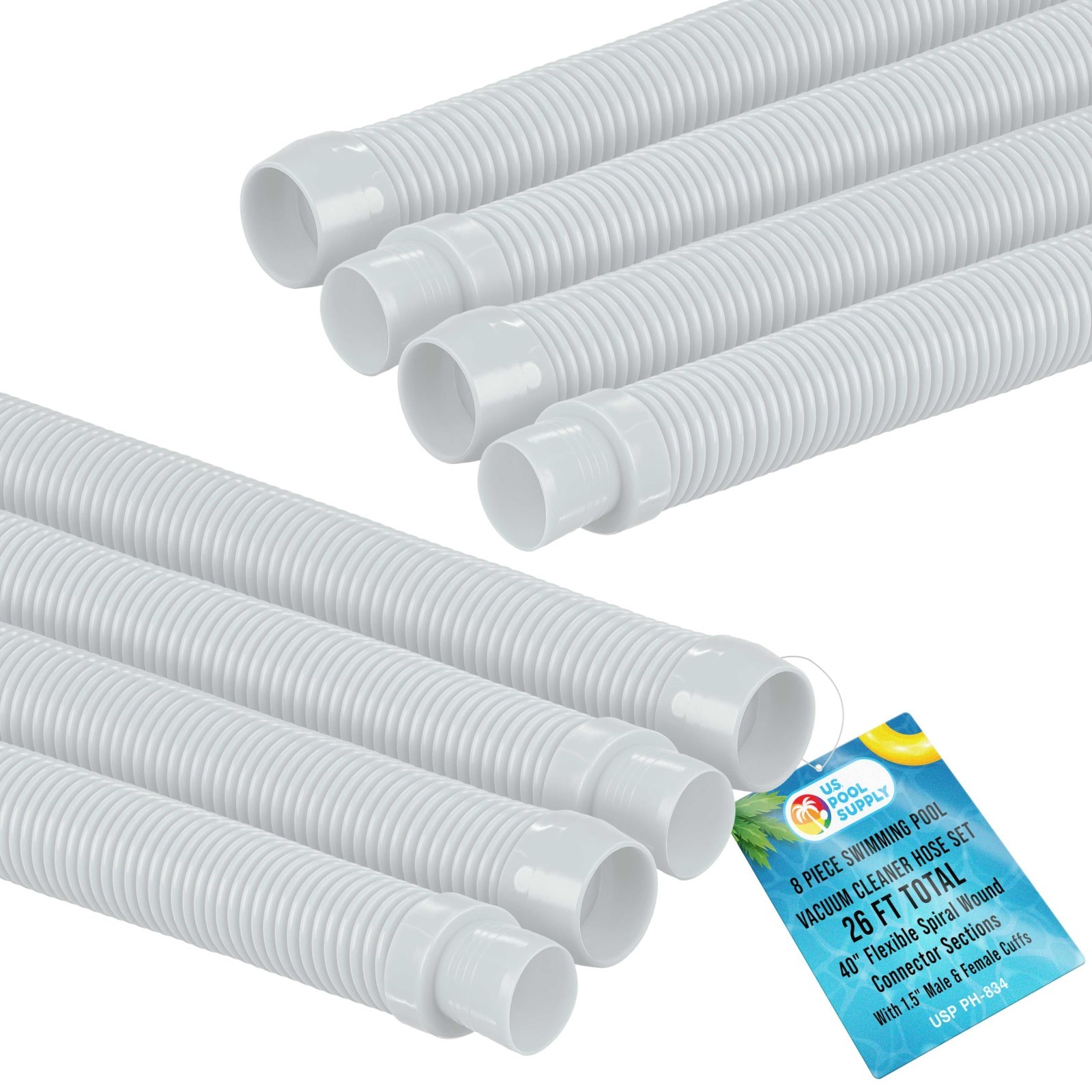 40&Prime; Flexible Pool Vacuum Hose Set – 8 Piece Spiral Wound Connector, 1.5&Prime; Cuffs