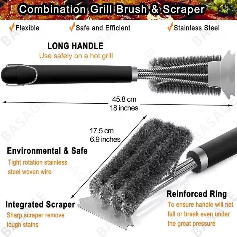 Bristle-Free BBQ Grill Brush Safe Rust-Resistant Stainless Steel Cleaner Tool