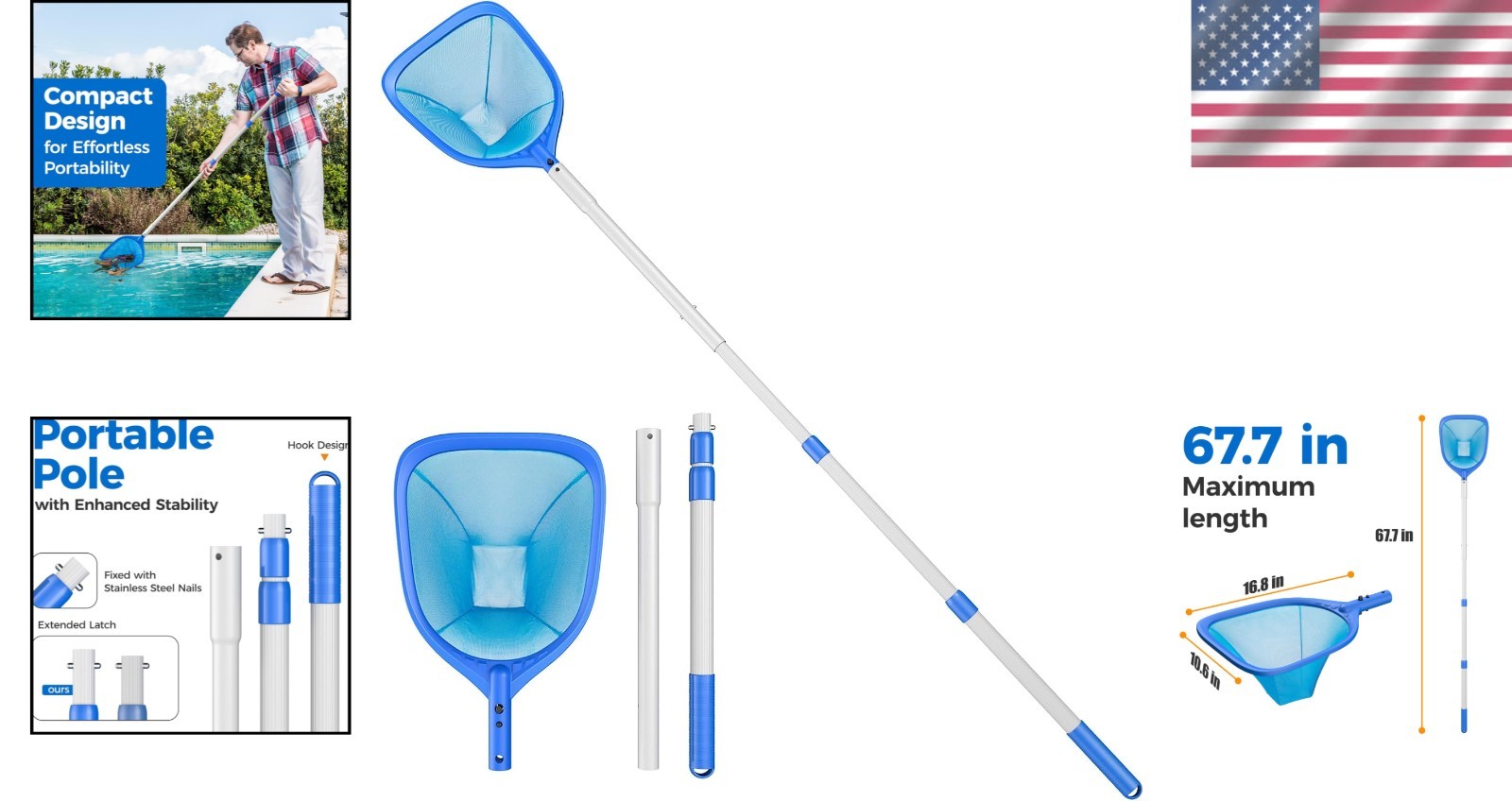 67.7 Inch Pool Skimmer Net with Adjustable Aluminum Pole for Effortless Cleaning