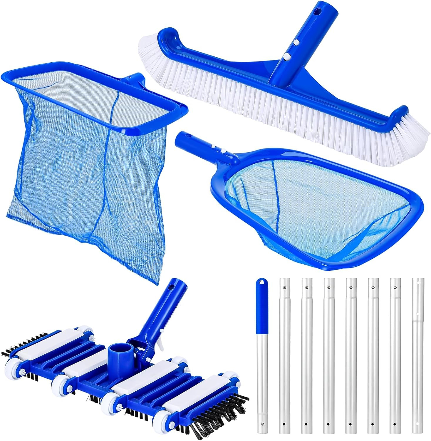 4-in-1 Pool Vacuum Cleaning Kit with 8.8ft Pole & Skimmer Nets for All Pools