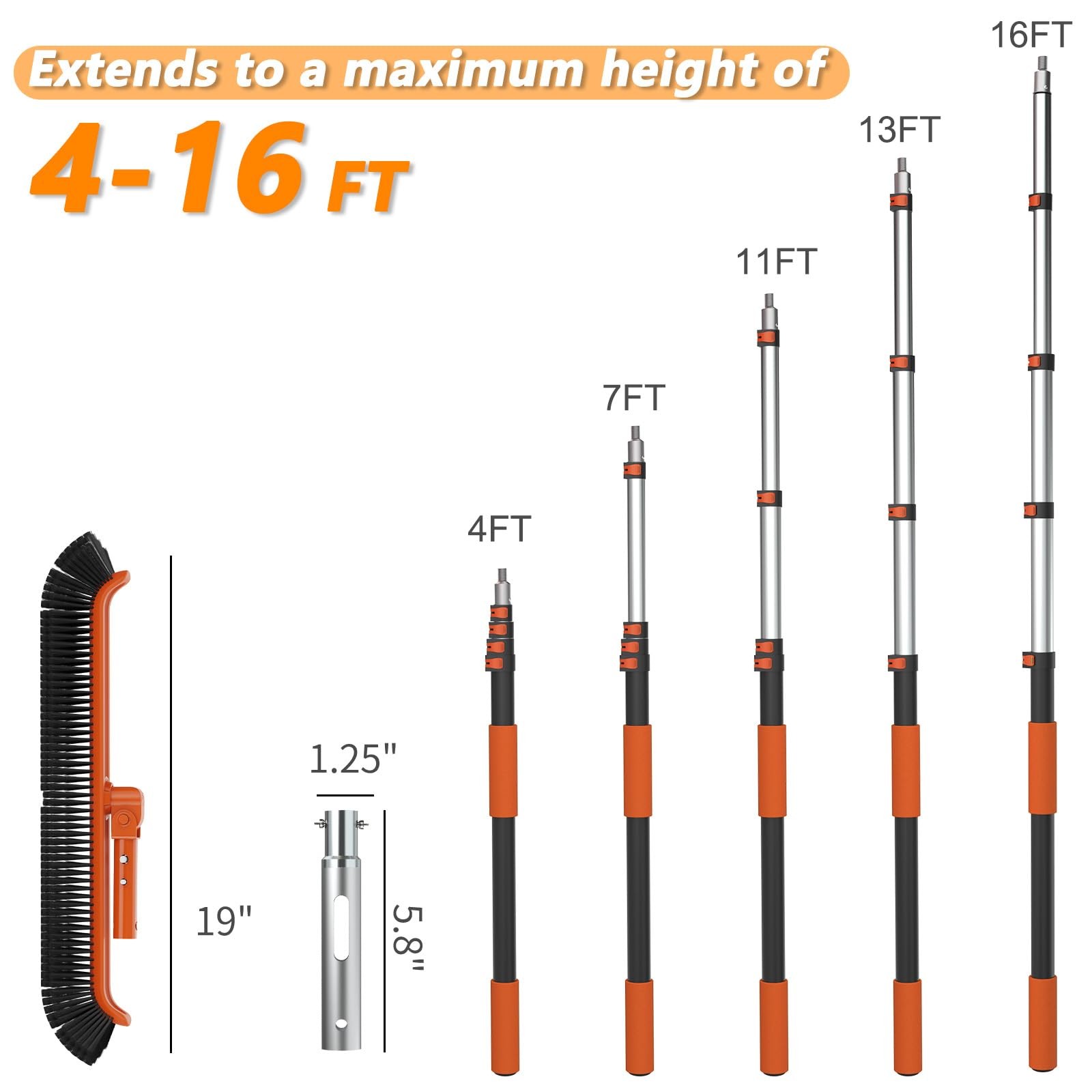 16FT Telescoping Pool Pole with Brush, Heavy Duty Reinforced Aluminum Telesco…