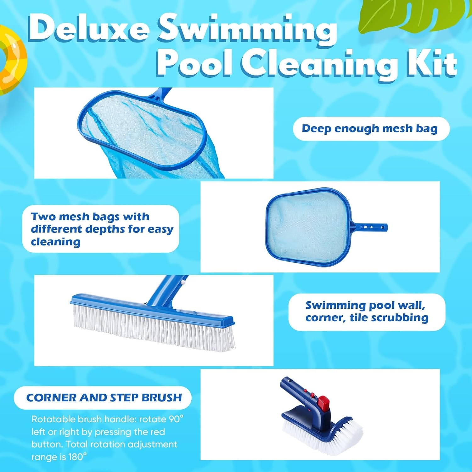 FillTouch Pool Cleaning Kit: 3 Skimmer Nets, 3 Brushes, Pole