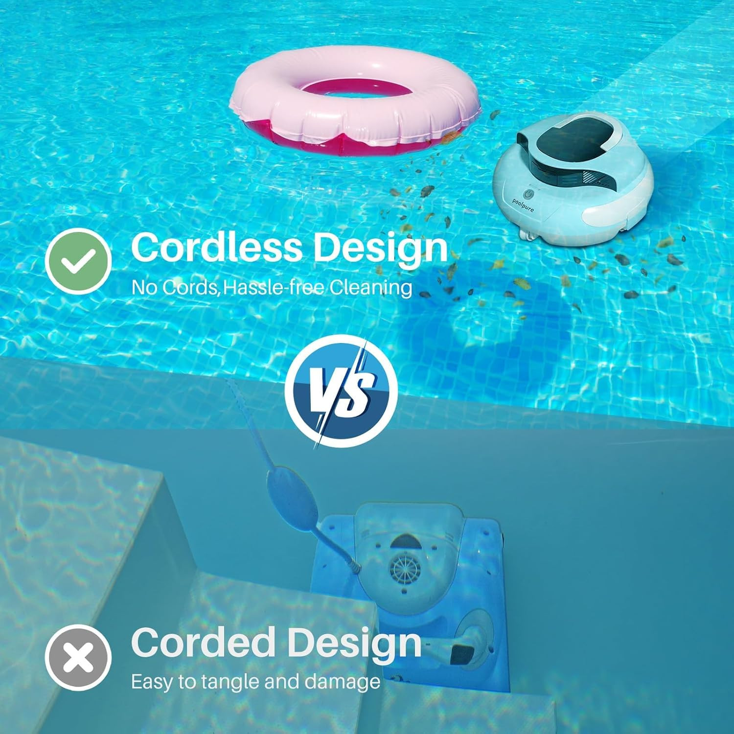 Pool Cleaner, 5000Mah Battery, 100 Minutes Runtime, 1000 Sq Ft Coverage, Automat