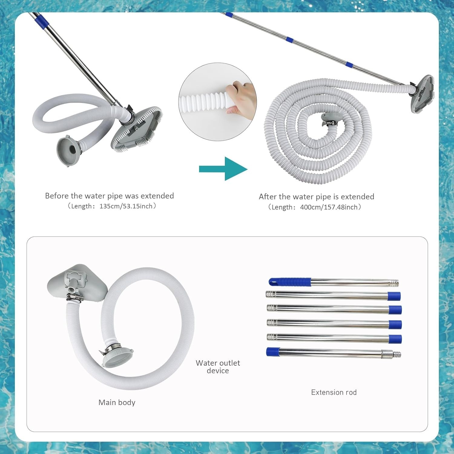 Extendable Pool Vacuum Cleaner for Above & In-Ground Pools Grey