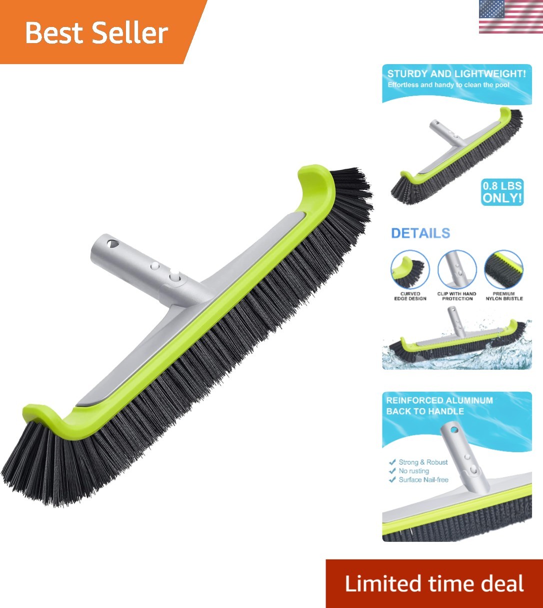 17.5&Prime; Curved Edge Pool Brush for Safe & Efficient Pool Cleaning