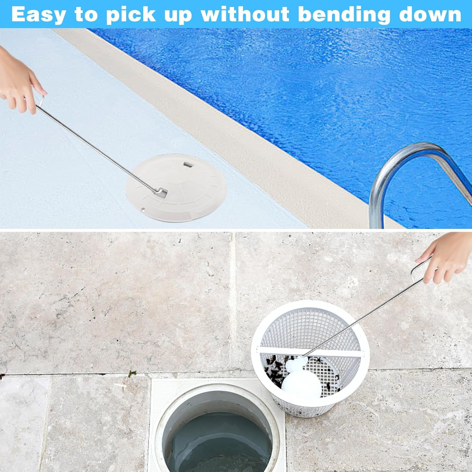 Pool Skimmer Basket Hook Tool Stainless Steel Handle for Safe Pool Cleaning D…