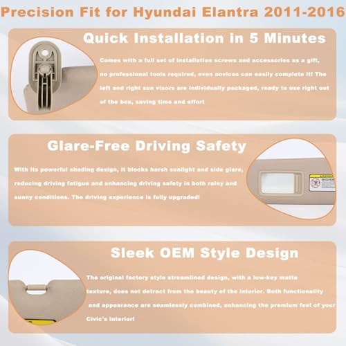 Pair Sun Visor Compatible with 2011-2016 Hyundai Elantra (Beige) Left + Right