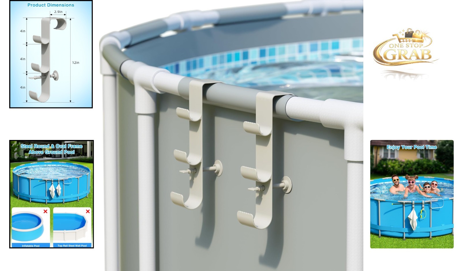 Adjustable Pool Hook for Poles – 3-Hook Pool Accessories Organizer