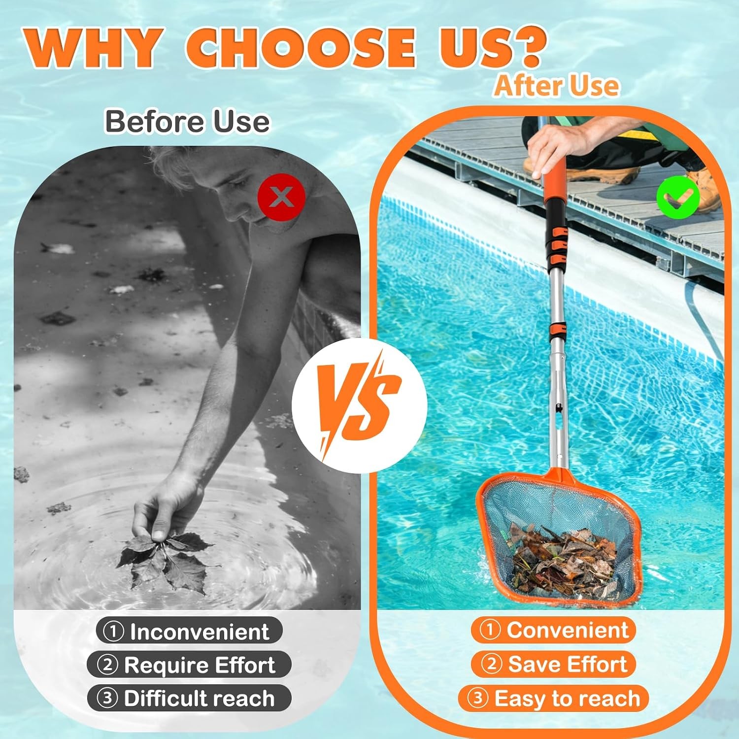 LAANPOLE 4-in-1 Pool Skimmer Net with Pole, Heavy Duty Pool Net and Fine Mesh