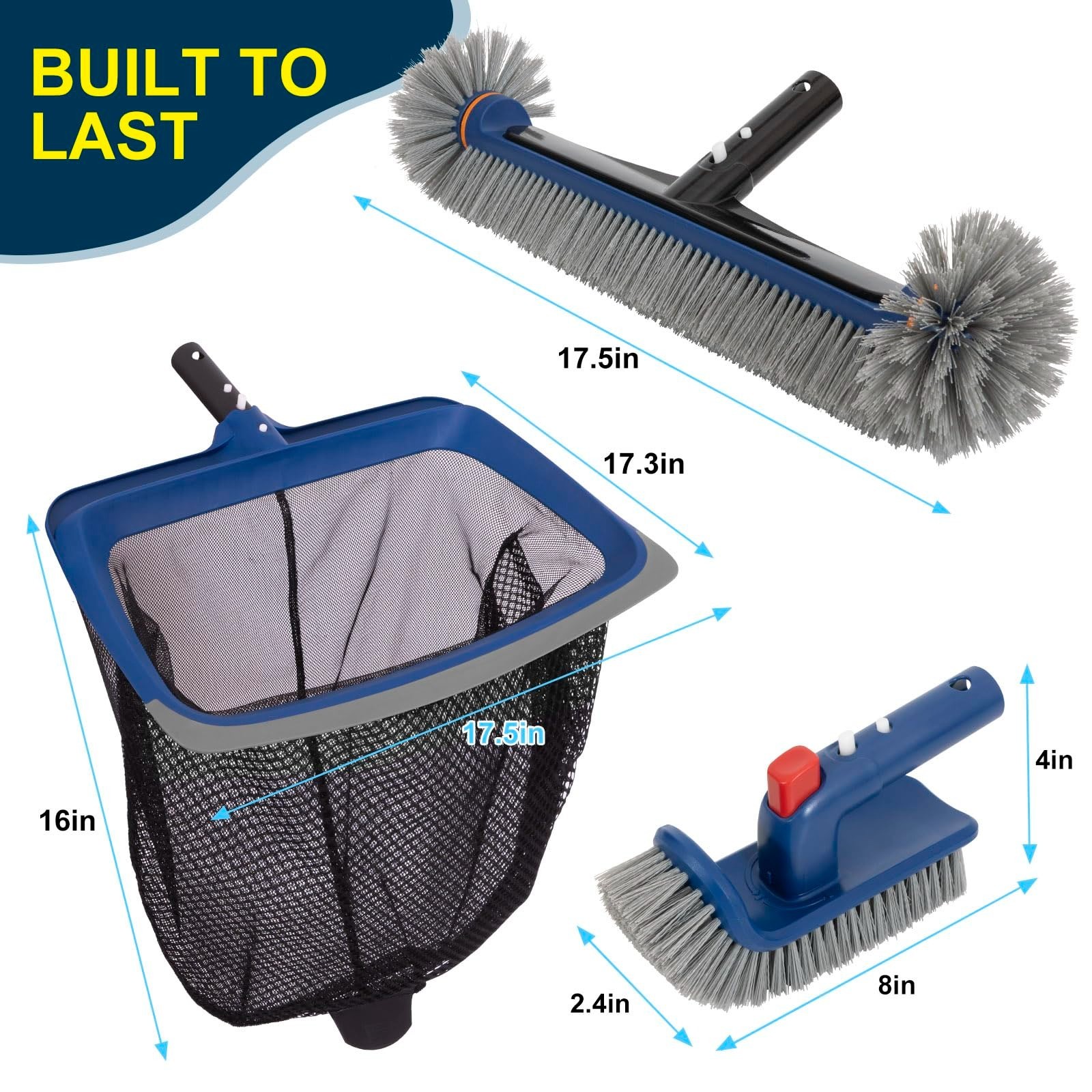 Deluxe Pool Cleaning Kit – Skimmer Net, 17.5&Prime; Brush & Rotatable Scrub Brush, Hea