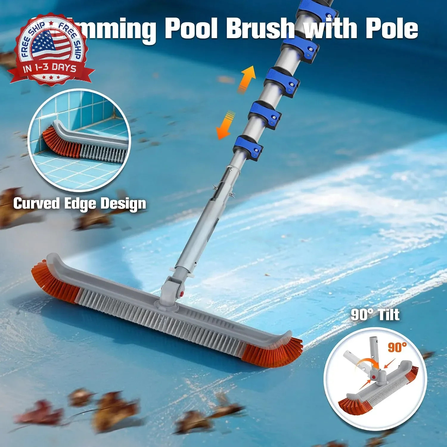 Pool Brush with 5-20FT Telescopic Pole, 18&Prime; Swimming Pool Cleaning Brush, Flip &