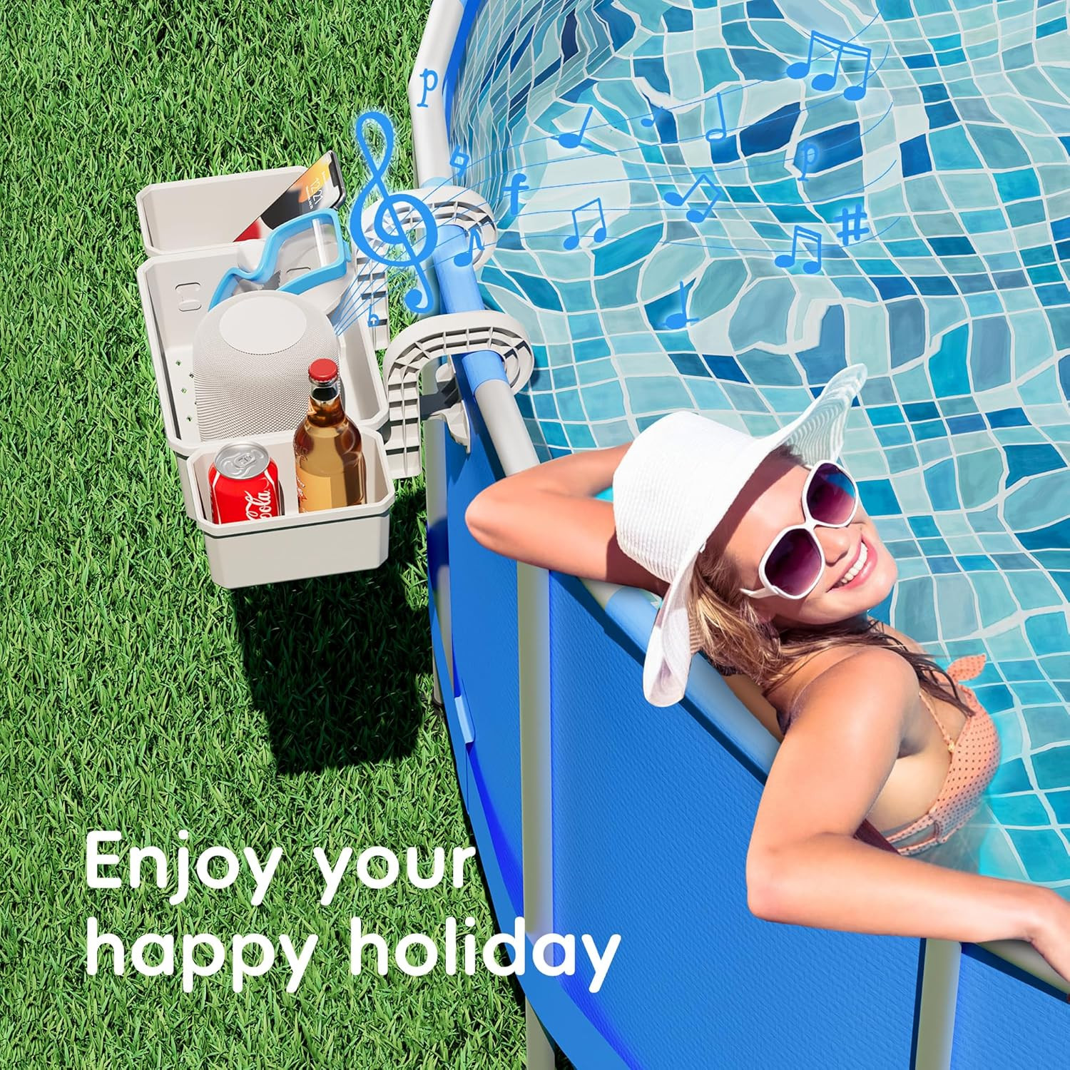 Poolside Storage Basket Above Ground Pool Holder w/ 2 Cup Holders